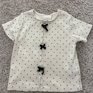 Zara White Short Sleeve Top with Black Polka Dots and Bow Accents
